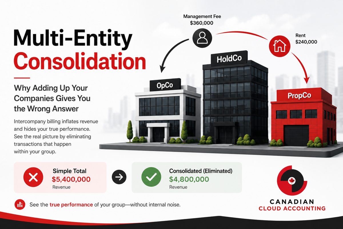 Multi-entity consolidation showing intercompany eliminations across three companies